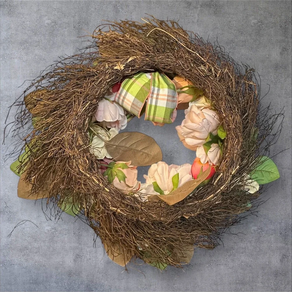 Spring‎ Floral Wreath Peony Hydrangea Faux Flowers Green Plaid Bow 22